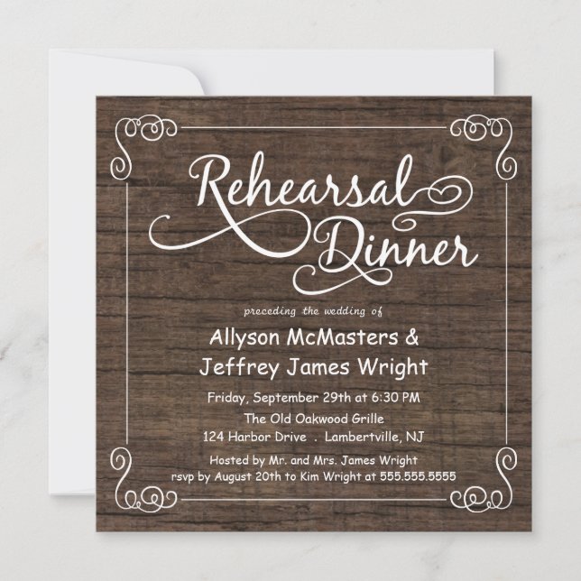 Invitations pour le dîner de répétition en bois ru (Devant)