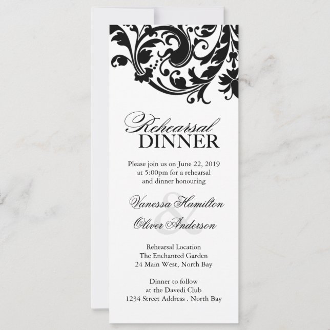 Invitations pour le dîner de répétition noir et bl (Devant)