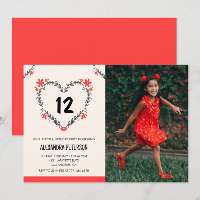 Invitations pour son 12e anniversaire de coeur flo (Devant / Derrière)