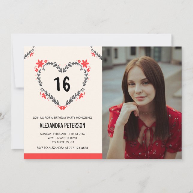 Invitations pour son 16e anniversaire de coeur flo (Devant)