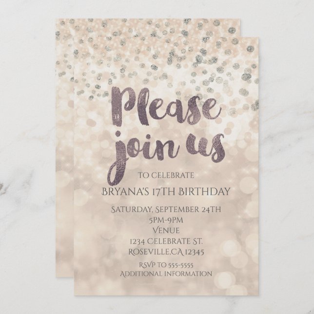 Invitations pour une fête avec confettis Glam Spar (Devant / Derrière)