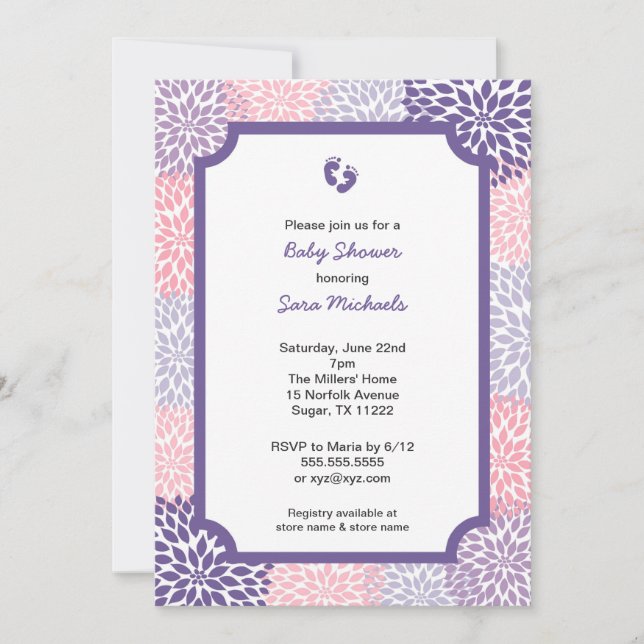 Invitations pourpres roses de baby shower de fille (Devant)