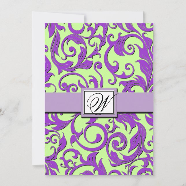 Invitations Purple & Lime Green Mariage damassé (Devant)