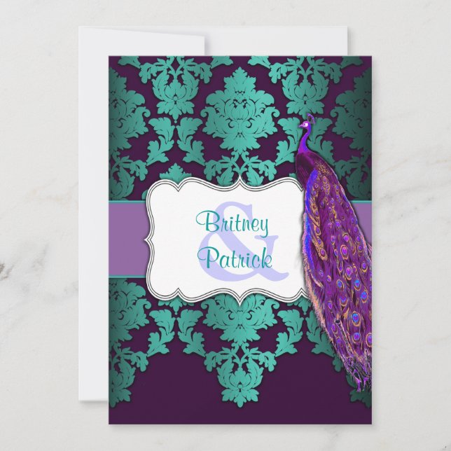 Invitations Purple Peacock et Mariage damassé Turq (Devant)