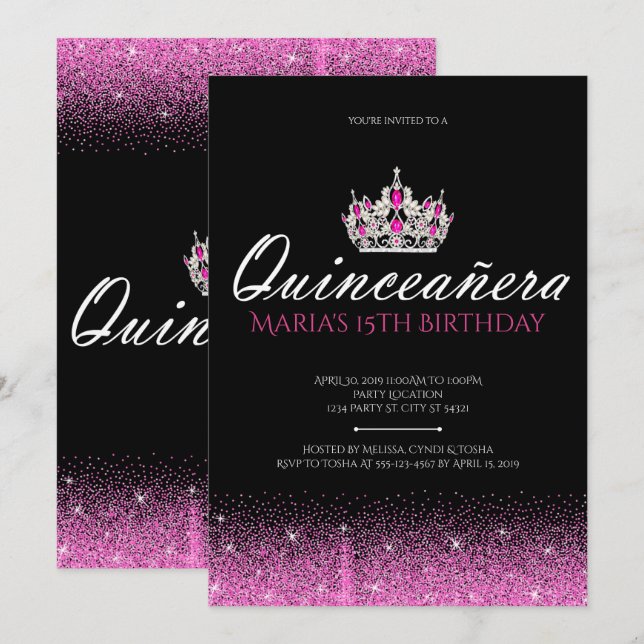 Invitations Quinceanera à Parties scintillant rose (Devant / Derrière)