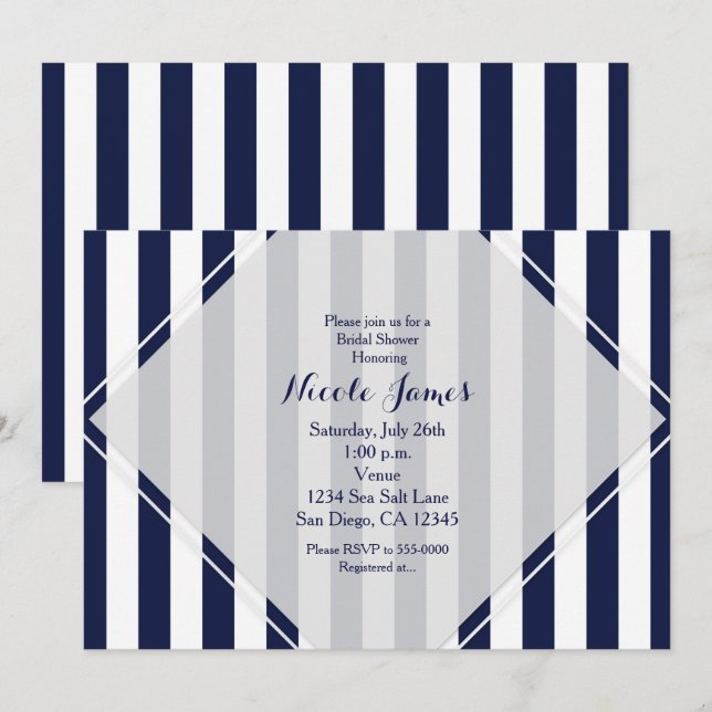 Invitations rayées modernes bleues et blanches (Devant / Derrière)