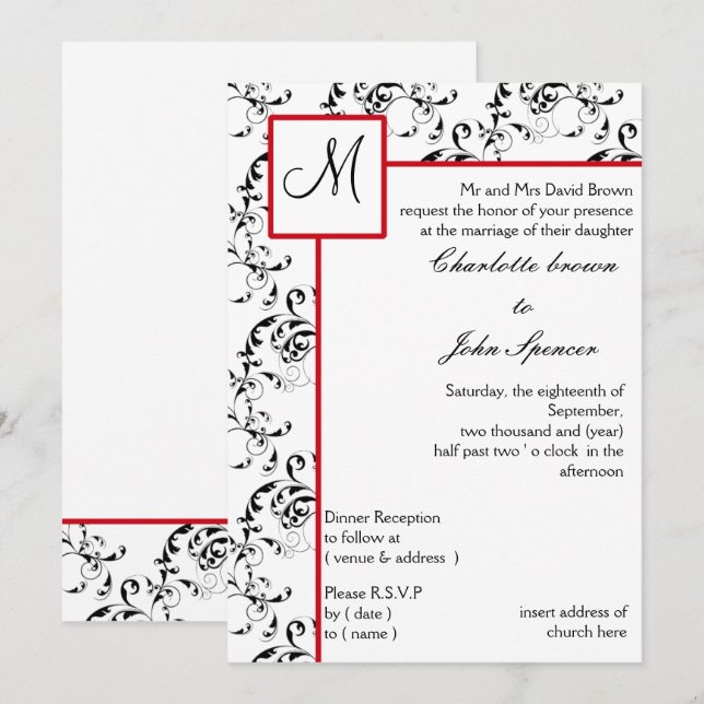 Invitations Red Black Mariage damassé (Devant / Derrière)
