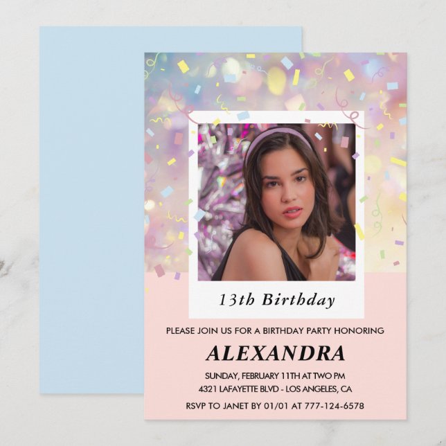Invitations rose 13e anniversaire Confetti Photo (Devant / Derrière)