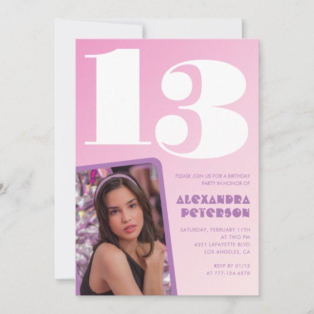 Invitations rose 13e anniversaire Girl Retro Photo (Devant)