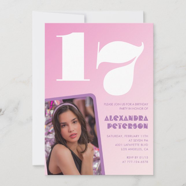 Invitations rose 17e anniversaire Retro Photo (Devant)