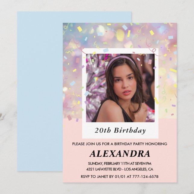 Invitations rose 20e anniversaire Confetti Photo (Devant / Derrière)
