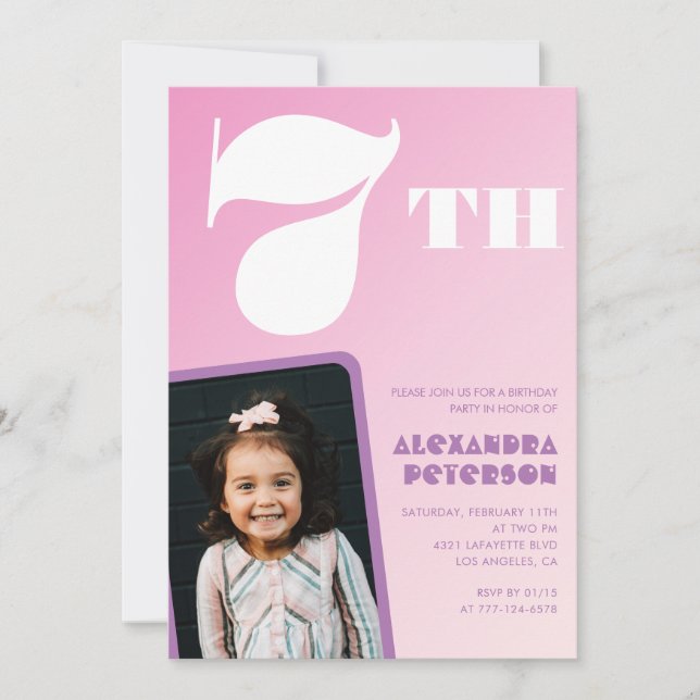 Invitations rose 7e anniversaire Girl Retro Photo (Devant)