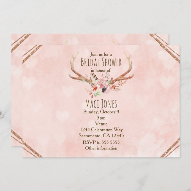 Invitations rose Blush Rose Floral Deer Antlers (Devant / Derrière)