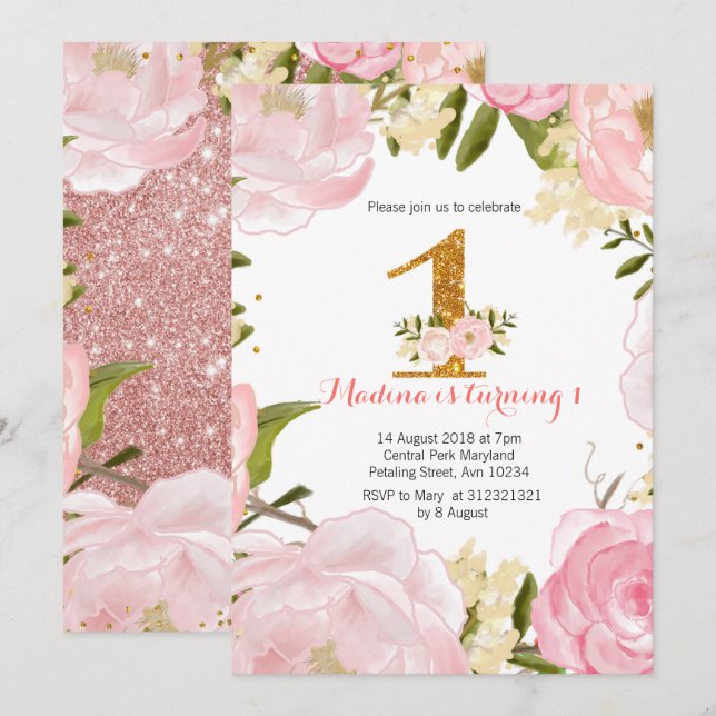 Invitations Rose or floral rose 1er anniversaire (Devant / Derrière)