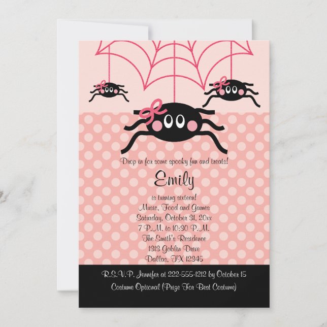 Invitations roses d'anniversaire de Halloween (Devant)