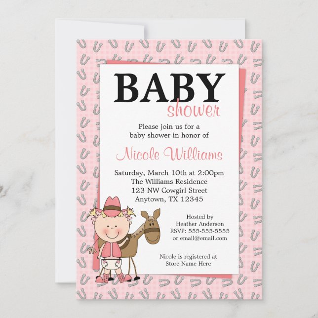 Invitations roses de baby shower de fers à cheval (Devant)