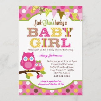 Invitations roses de baby shower de hibou - bébé