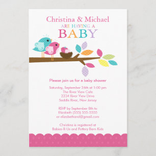 Invitations roses de baby shower de nid d'oiseau