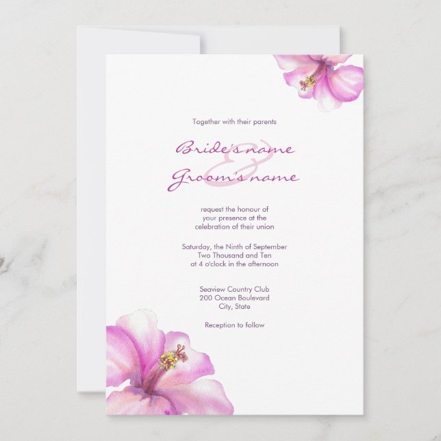 Invitations roses de mariage de ketmie d'aquarelle (Devant)
