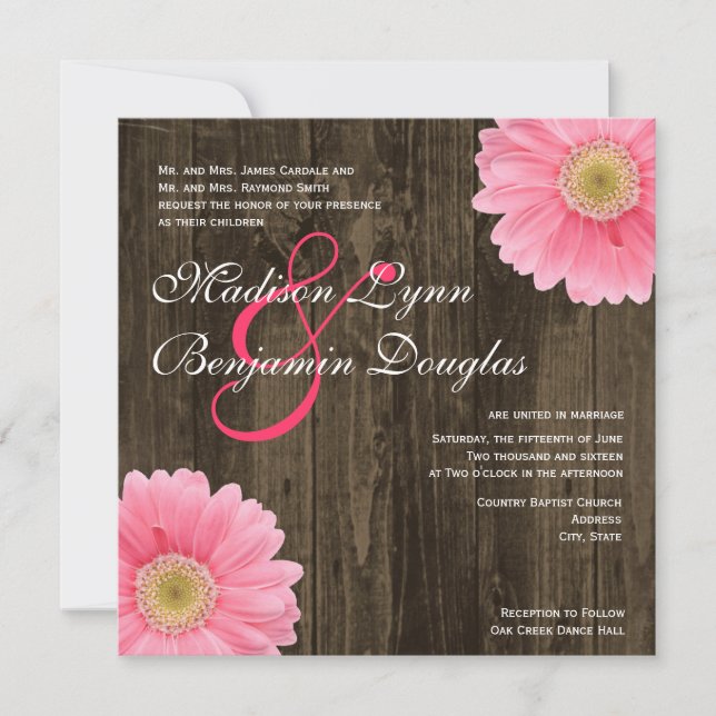 Invitations roses en bois rustiques de mariage de (Devant)