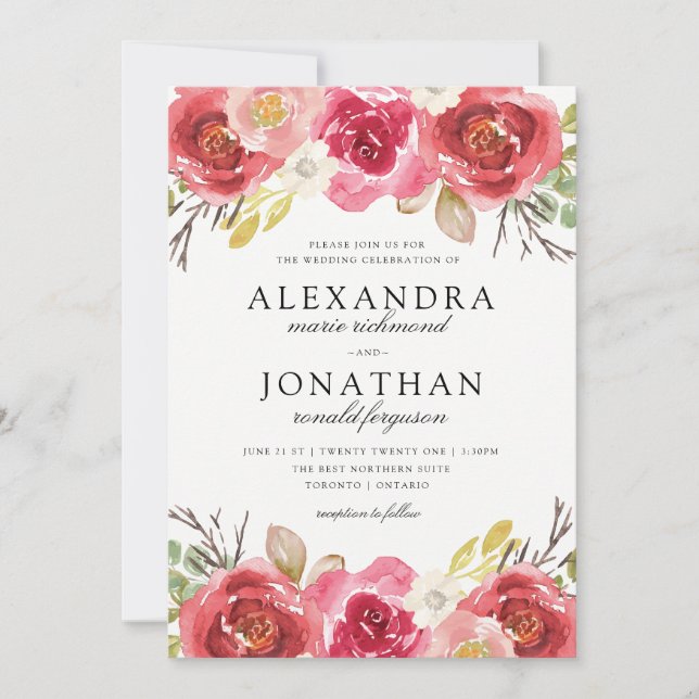 Invitations roses et rouges modernes de mariage (Devant)