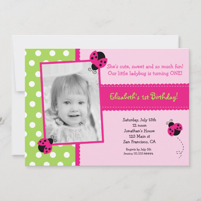 Invitations roses et vertes de fête d'anniversaire (Devant)