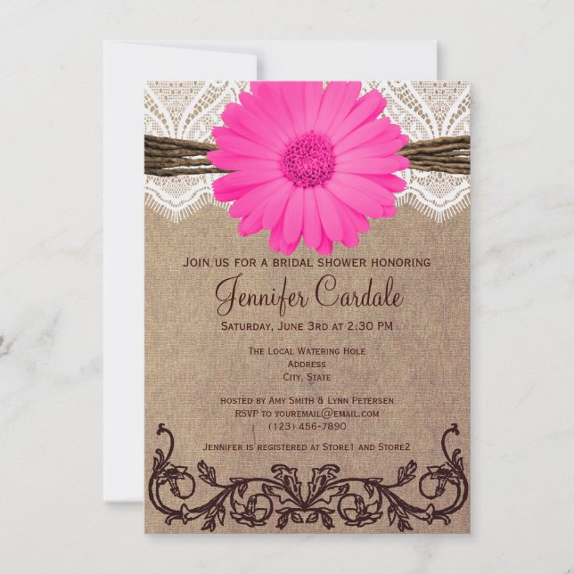 Invitations roses rustiques de Fête de la mariée (Devant)