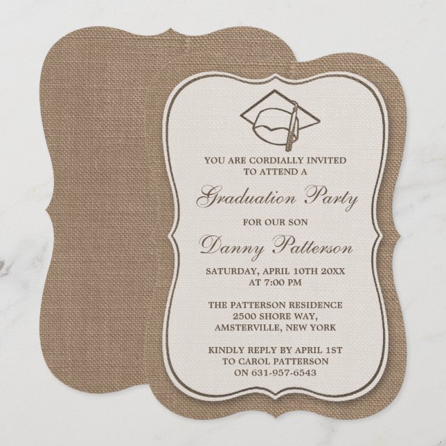 Invitations Rustic Burlap Graduation Party (Devant / Derrière)