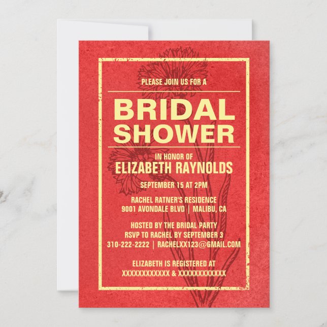 Invitations Rustique Red & Gold de douche nuptiale (Devant)