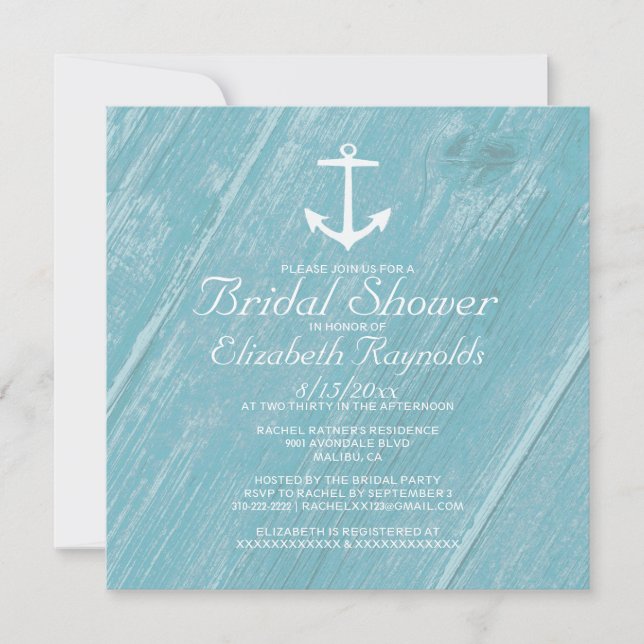 Invitations rustiques de Fête de la mariée d'Ancre (Devant)