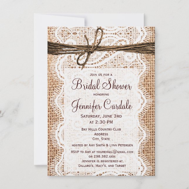 Invitations rustiques de Fête de la mariée de (Devant)