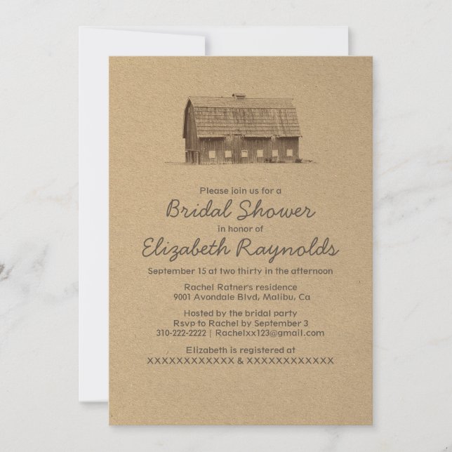 Invitations rustiques de Fête de la mariée de (Devant)