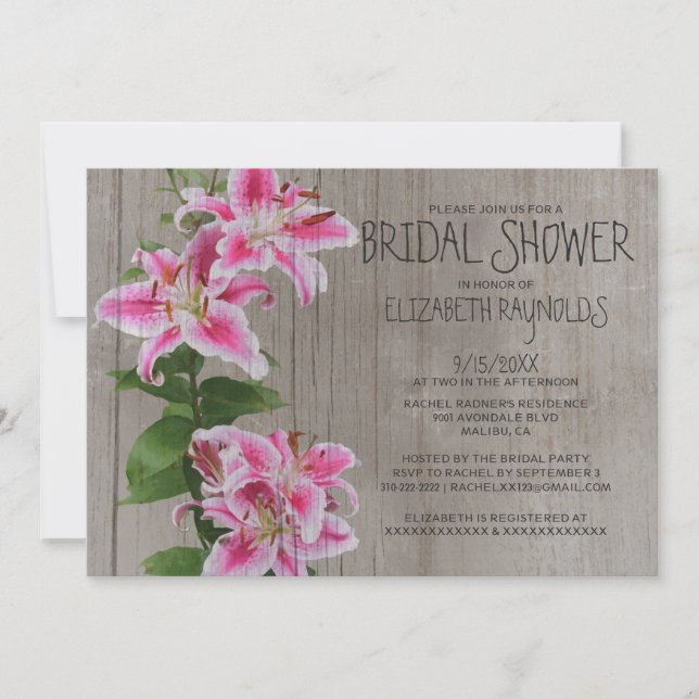 Invitations rustiques de Fête de la mariée de lis (Devant)