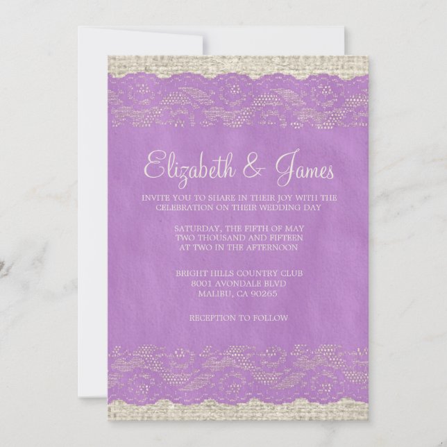 Invitations rustiques de mariage de dentelle de (Devant)