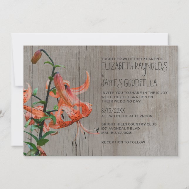 Invitations rustiques de mariage de lis tigré (Devant)