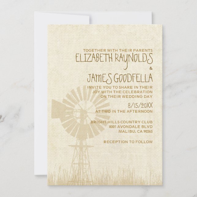 Invitations rustiques de mariage de moulin à vent (Devant)