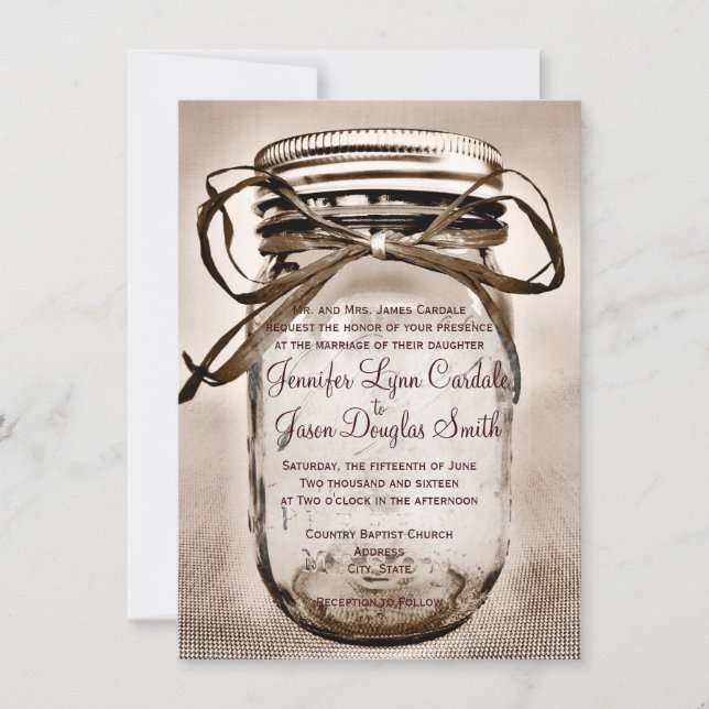 Invitations rustiques de mariage de pot de maçon (Devant)