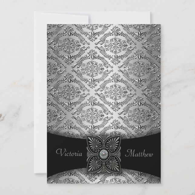 Invitations Silver & Black Mariage damassé (Devant)
