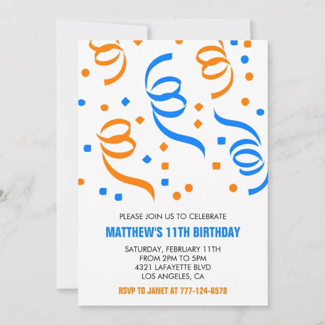 Invitations simples 11e anniversaire Confetti Blue (Devant)