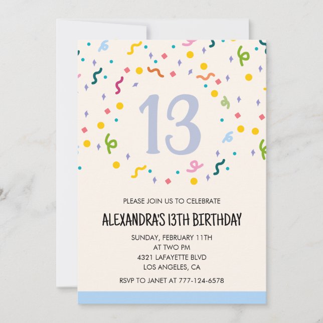 Invitations simples 13ème anniversaire Confetti Mo (Devant)