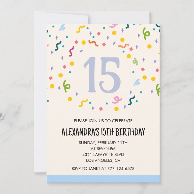 Invitations simples 15e anniversaire Confetti Mode (Devant)