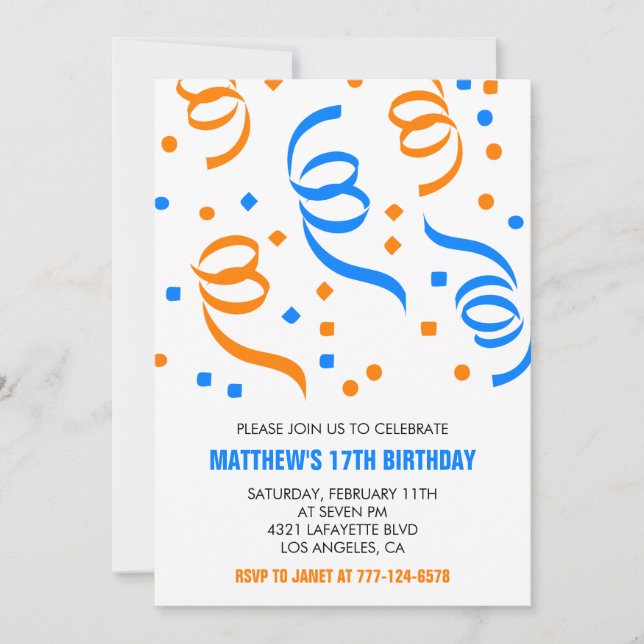 Invitations simples 17ème anniversaire Confetti Bl (Devant)