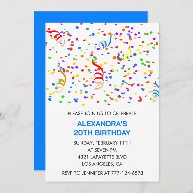 Invitations simples 20e anniversaire Confetti Rain (Devant / Derrière)