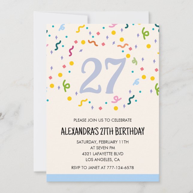 Invitations simples 27e anniversaire Confetti Mode (Devant)