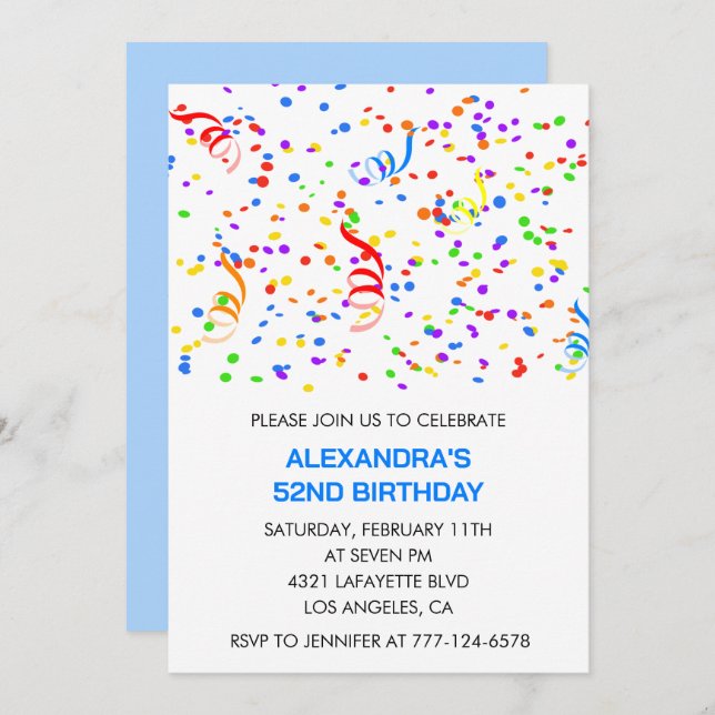 Invitations simples 52e anniversaire Confetti Rain (Devant / Derrière)