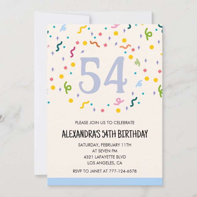 Invitations simples 54e anniversaire Confetti Mode (Devant)