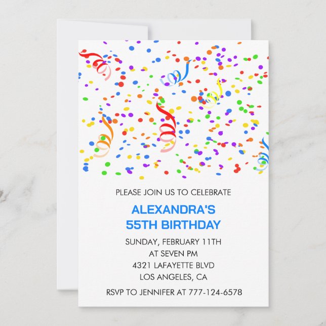 Invitations simples 55e anniversaire Confetti Rain (Devant)