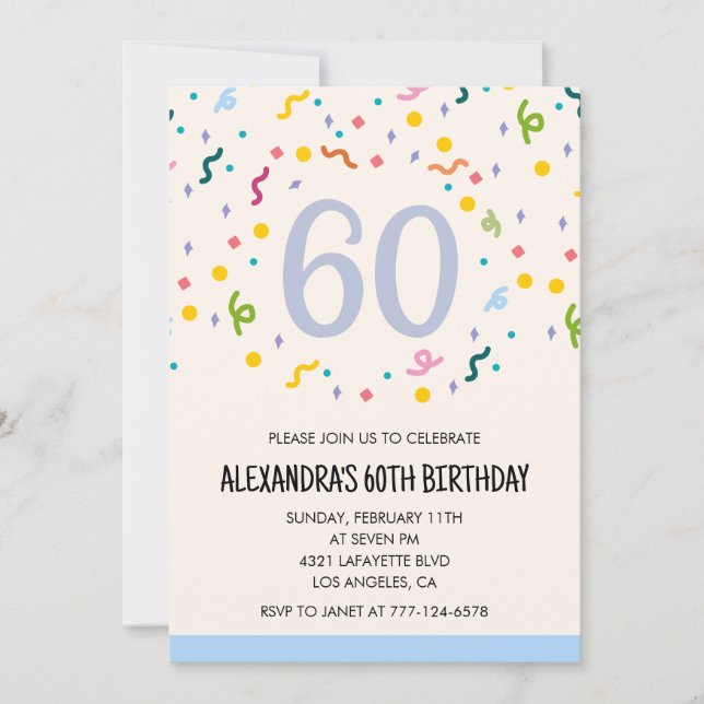 Invitations simples 60e anniversaire Confetti Mode (Devant)
