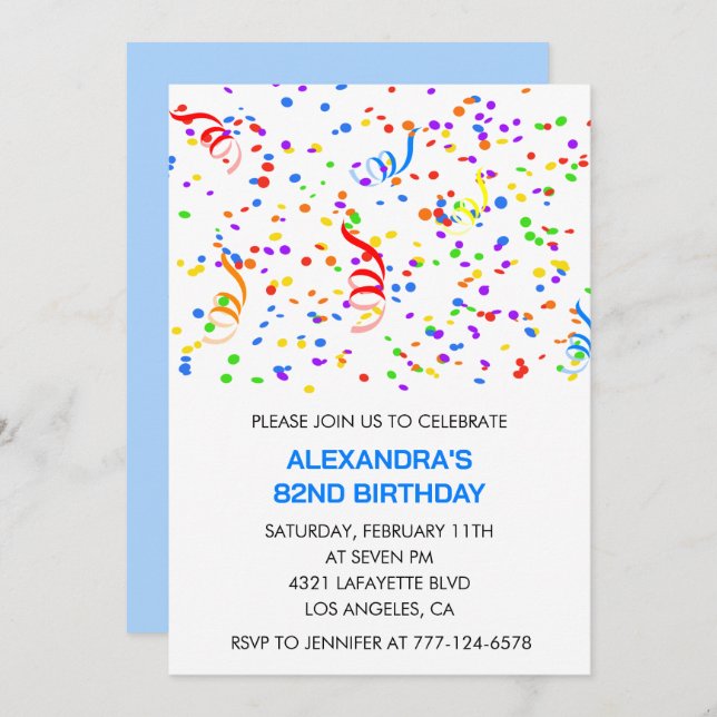 Invitations simples 82e anniversaire Confetti Rain (Devant / Derrière)