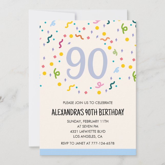 Invitations simples 90e anniversaire Confetti Mode (Devant)